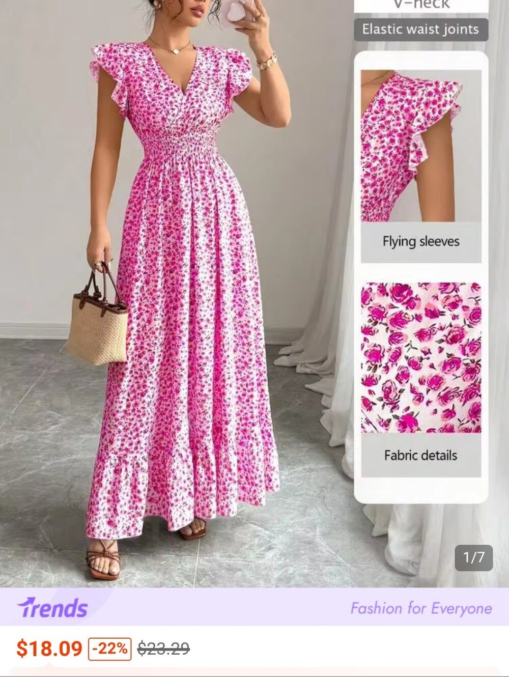 Pink Floral V-Neck Maxi Dress
